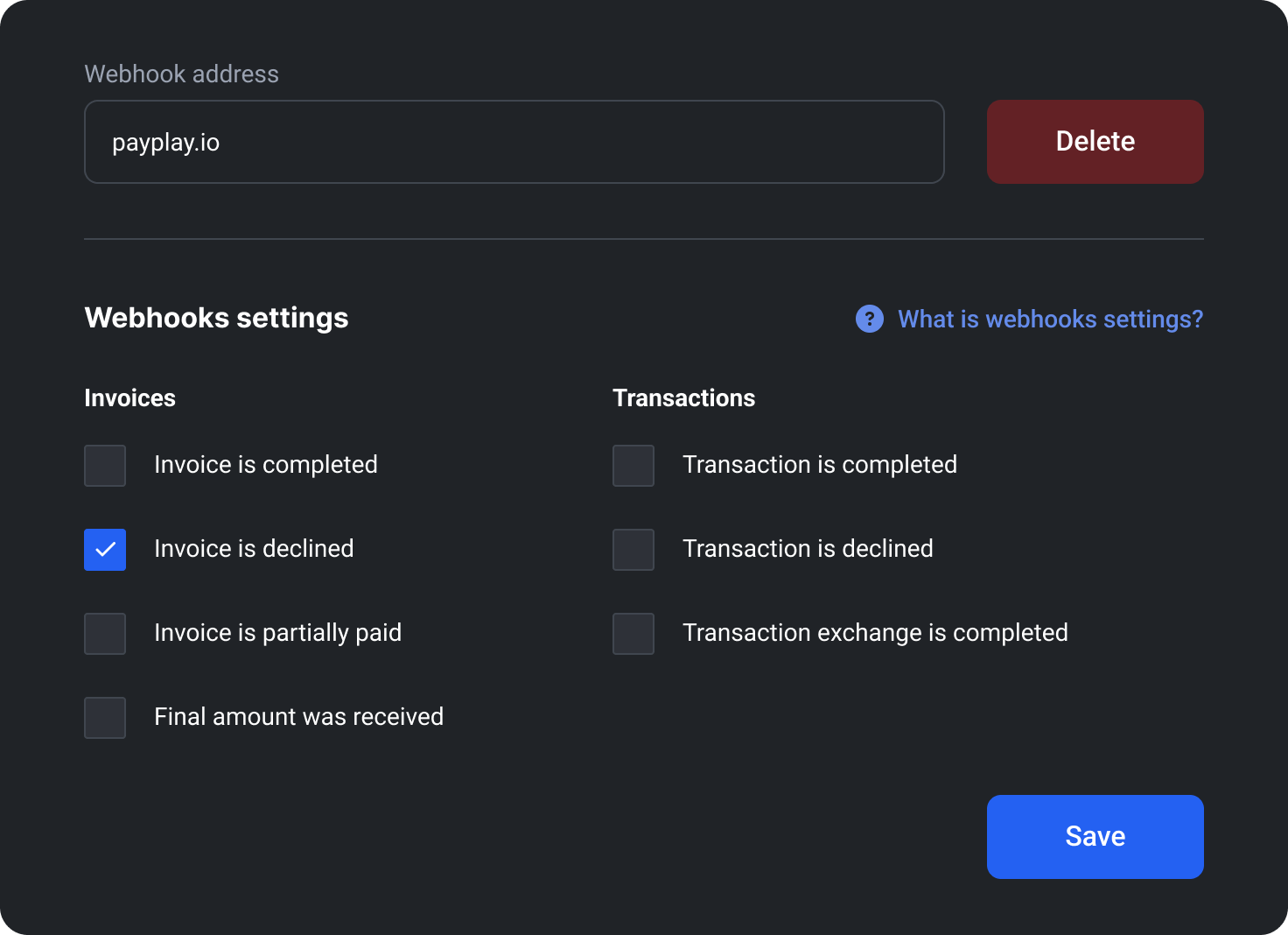 Payment page webhook settings