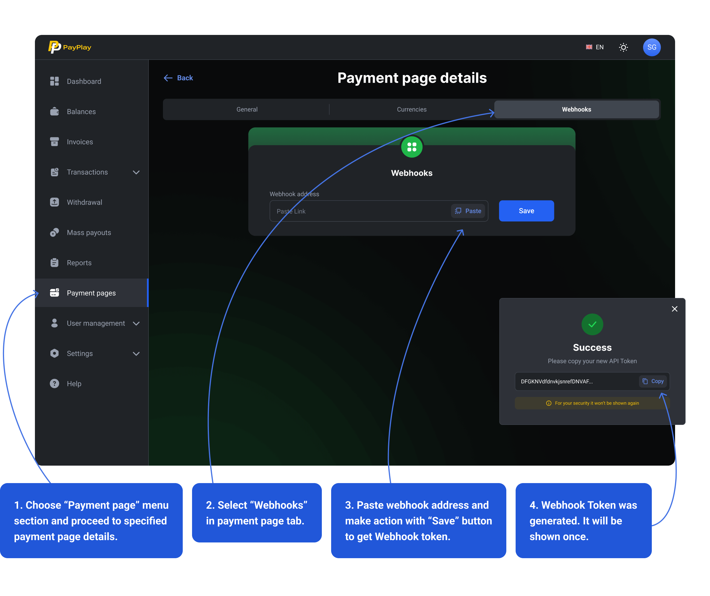 Payment page webhook settings